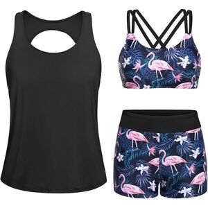 Women’s 3 pcs Tankini Bathing Suit Flamingo Bikini Swimsuit NWT Size XS
